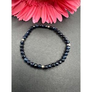 Dark blue sapphire bracelet, 925 sterling silver, elastic bracelet, cz silver